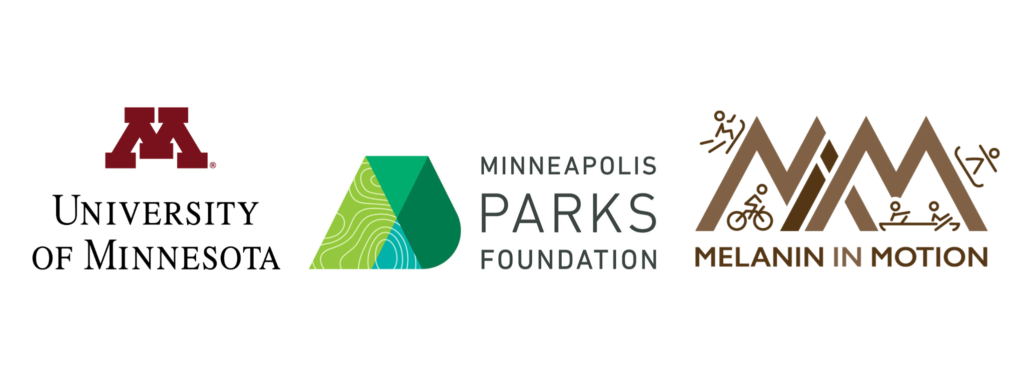 Three logos are placed horizontally. From left to right, they are: University of Minnesota, Minneapolis Parks Foundation, and Melanin in Motion.