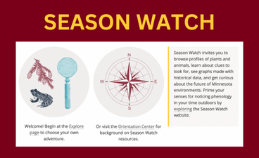 Over a maroon background is a screenshot of the Season Watch homepage. Above it is "Season Watch" in gold text.