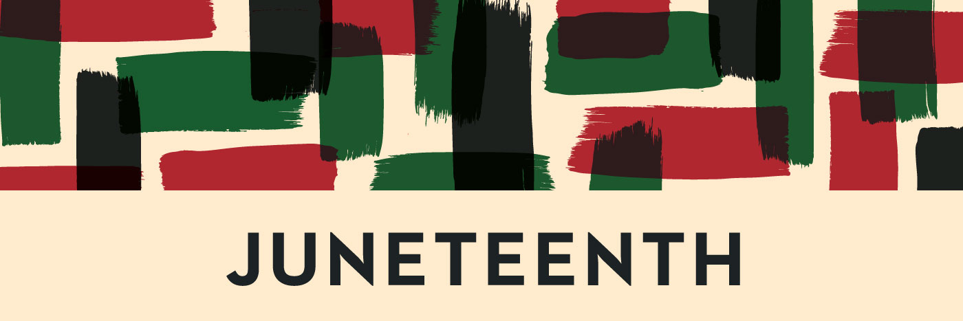 banner image reading 'Juneteenth' with decorative red and black blocks