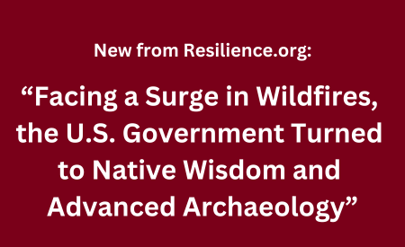 White text over a maroon background reads: "New from Resilience.org: 'Facing a Surge in Wildfires, the U.S. Government Turned to Native Wisdom and Advanced Archaeology.'"