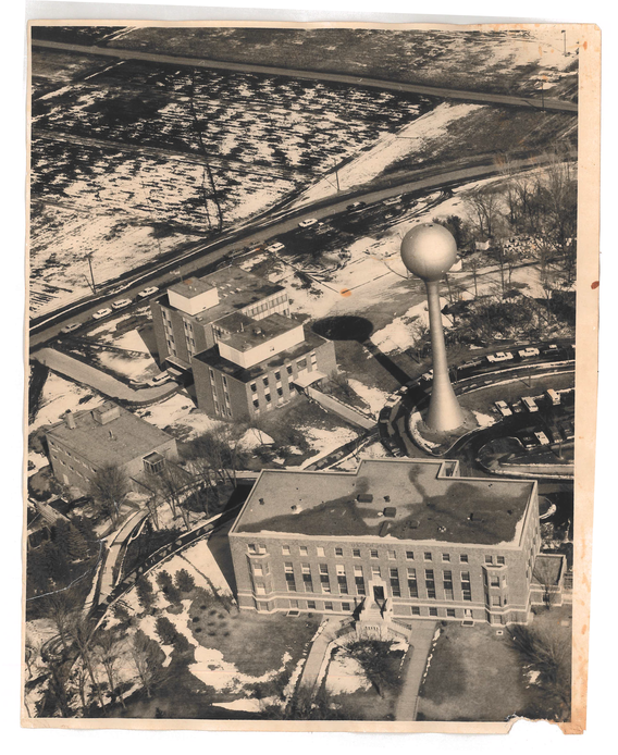 Black and white aerial photo of Green Hall in the winter from the 1960s.