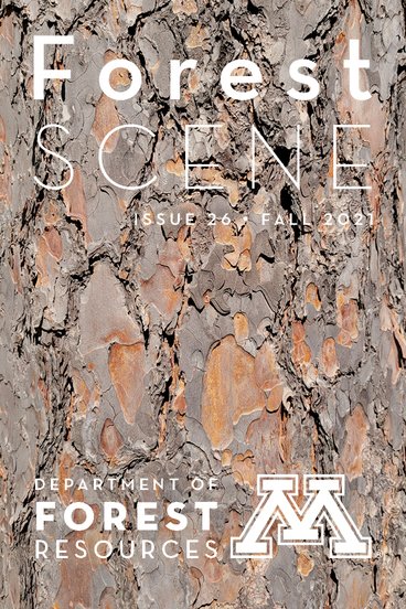 Cover of Forest Scene newsletter with title text over tree bark