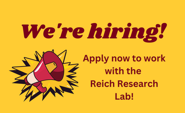 A megaphone points toward the text: "We're hiring! Apply now to work with the Reich Research Lab!"