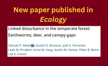 Over a maroon background is a screenshot of the paper "Linked Linked disturbance in the temperate forest: Earthworms, deer, and canopy gaps." Above that, "New paper published in Ecology" is written in gold text.
