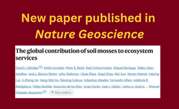 Over a maroon background is a screenshot of the paper "The global contribution of soil mosses to ecosystem services" and its coauthors. Above the screenshot, in large gold text, is the phrase "New paper published in Nature Geoscience."