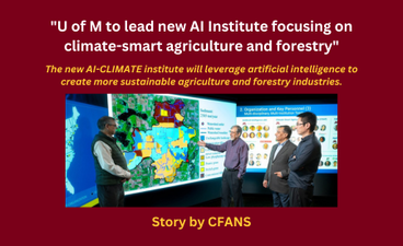 Over a maroon background is a screenshot of the CFANS article "U of M to lead new AI Institute focusing on climate-smart agriculture and forestry." The title is written in white text above the image. Below it in yellow text is the subtitle, "The new AI-CLIMATE institute will leverage artificial intelligence to create more sustainable agriculture and forestry industries." "Story by CFANS" is also written in gold text below the image.
