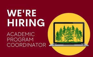 Maroon box with "We're hiring: Academic Program Coordinator" in white text. To the right is a yellow circle overlaid with a laptop showing trees on its screen.