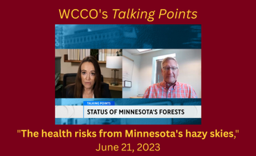 A screenshot of WCCO's Talking Points show featuring Lee Frelich as a guest. Show host Esme Murphy is at left and Lee Frelich is at right. 