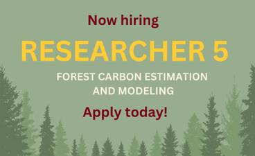 Text over a green background reads, "Now hiring: Researcher 5 – Forest Carbon Estimation and Modeling. Apply today!"