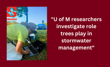 A woman in a bright green T-shirt, white pants, and a hat leans over a laptop set on the grass at a park. Next to this photo, text reads, "U of M researchers investigate role trees play in stormwater management." The logo for the Sahan Journal is located in the upper left corner.