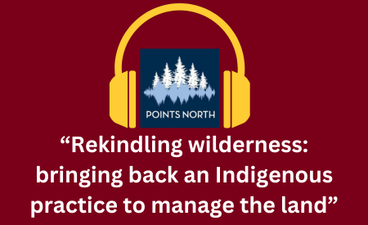 Against a maroon background is the dark blue, square logo for the Points North podcast, which is decorated with the silhouettes of evergreen trees in white and blue-grey.  A graphic of yellow headphones hugs the logo. Below that is the title of a podcast in white text: "Rekindling wilderness: bringing back an Indigenous practice to manage the land."