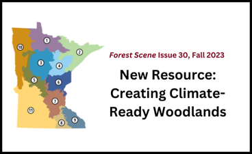 A map of the state of Minnesota is on the left. It's divided into different regions, which are color-coded and numbered. To the right of the map is the name of the article ("New Resource: Creating Climate-Ready Woodlands") below the name and date of the publication.