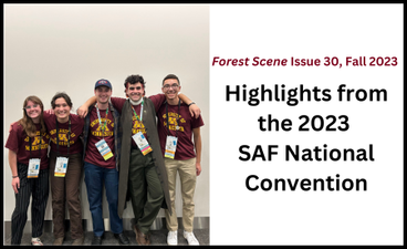 At left is a photo of five undergraduate students wearing maroon-and-gold tees and smiling with their arms around each other. To the right of that photo is the name of the article ("Highlights from the 2023 SAF National Convention") in bold black text below the name and date of the publication.
