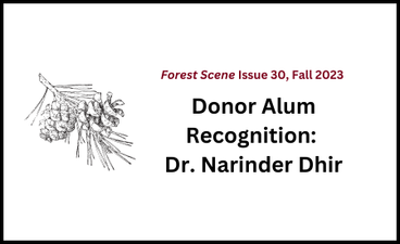 At left is an outline of a sprig of white pine. To the right is the name of the article in bold black text ("Donor Alum Recognition: Dr. Narinder Dhir") below the name and date of the publication it's in.