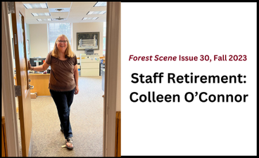 On the left is a photo of a woman smiling broadly in an office doorway. To the right is the name of the article ("Staff Retirement: Colleen O'Connor") below the name and date of the publication.