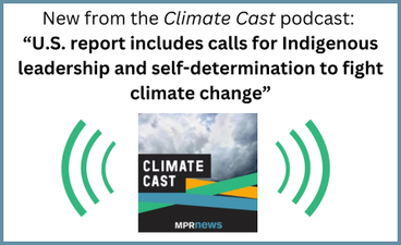 At the top of the image is text that lists both the name of the podcast and the episode. Below that text is the Climate Cast logo in between two icons of soundwaves in green.