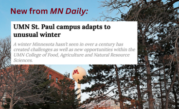 In the background is a photo of Green Hall and the UMN water tower in winter. The view is from the ground, looking up into treetops and sky. There is no snow. Above that is the text, "New from MN Daily" with a screenshot of the article's title and subtitle: "UMN's St. Paul campus UMN St. Paul campus adapts to unusual winter: A winter Minnesota hasn’t seen in over a century has created challenges as well as new opportunities within the UMN College of Food, Agriculture and Natural Resource Sciences."