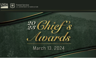 Screenshot of the Chief's Awards virtual ceremony banner. The USDA and FOrest Service logos are in the top left. In the center, 2023 Chief's Awards is written in white and gold in cursive. At the bottom is the date of the ceremony: "March 13, 2024."