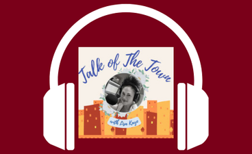 A pair of white headphones wraps around the square logo for the Talk of the Town radio show. The logo features a photo of host Lisa Kaye.