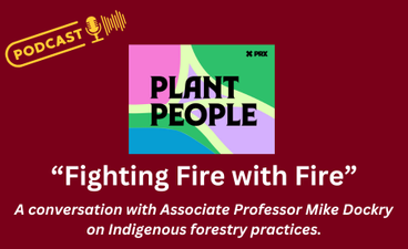 White text over a maroon background reads, "'Fighting Fire with Fire': a conversation with Associate Professor Mike Dockry on Indigenous forestry practices. Above that is the rectangular Plant People logo, which features groovy blobs of bright colors behind the name. In the upper left corner is a gold-colored icon of a microphone emitting sound to the right of the word "podcast".